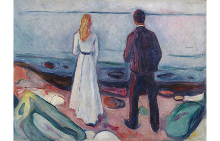 Edvard Munch, Zwei Menschen. Die Einsamen, 1906–1908, Öl auf Leinwand, 80 × 110 cm (Busch-Reisinger Museum, Cambridge, Massachusetts, The Philip and Lynn Straus Collection, Foto: © President and Fellows of Harvard College, 2023.551)