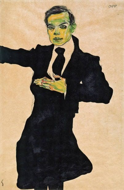 Egon Schiele, Der Maler Max Oppenheimer, 1910, Aquarell, Tinte, schwarze Kreide auf Papier, 45,1 × 29,8 cm (Albertina, Wien, Foto: Albertina, Wien)