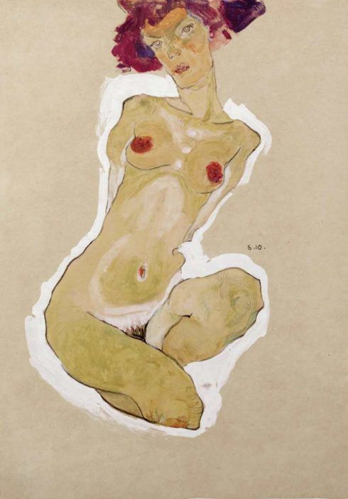 Egon Schiele, Hockender weiblicher Akt, 1910, Schwarze Kreide, Gouache, Deckweiß auf Papier, 44,7 × 31 cm (Leopold Museum, Wien)