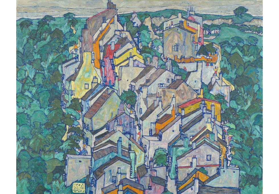 Egon Schiele, Stadt im Grünen (Die alte Stadt III), 1917, Öl auf Leinwand (Neue Galerie New York, In memory of Otto and Marguerite Manley, given as a bequest from the Estate of Marguerite Manley)