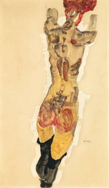 Egon Schiele, Stehender Rückenakt, Gouache, Aquarelle und Bleistift auf Papier, 56.1 x 33.1 cm (Privatsammlung)