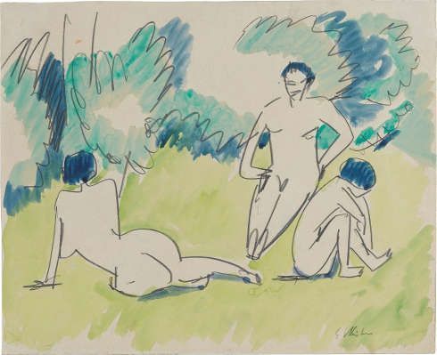Ernst Ludwig Kirchner, Drei Akte im Grünen, 1911, Bleistift und Aquarell auf elfenbeinfarbenem Papier (Staatsgalerie Stuttgart, Graphische Sammlung)