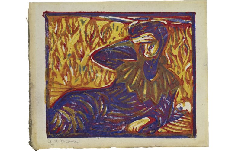 Ernst Ludwig Kirchner, Ruhendes Mädchen mit Kopfschmerzen, 1906, Farbholzschnitt in Rot, Gelb, Blau und Grün, 19 × 22,5 cm (Brücke-Museum, Berlin)