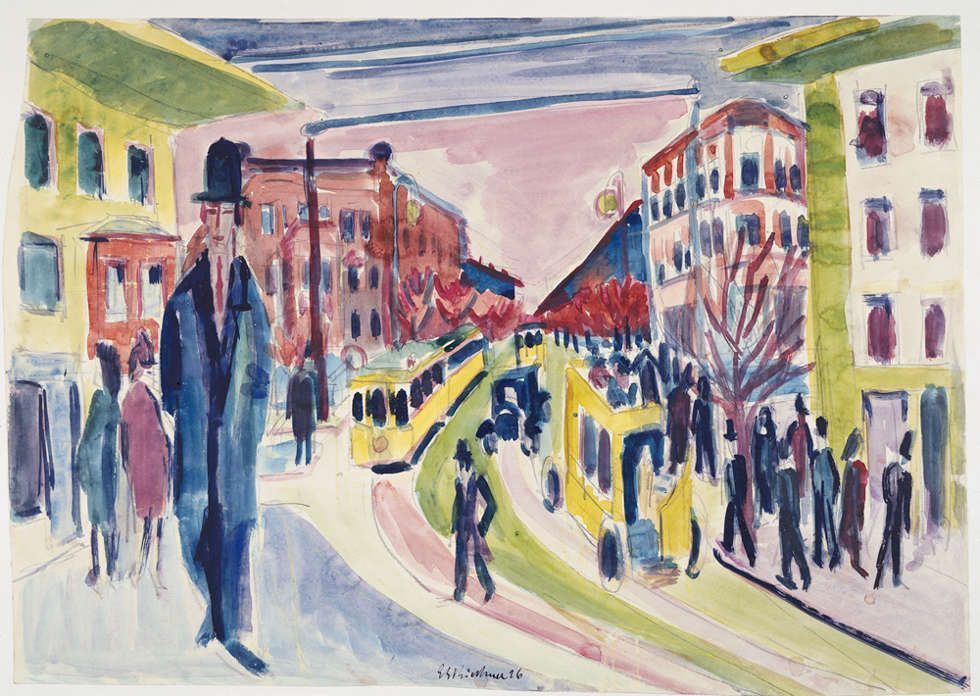 Ernst Ludwig Kirchner, Straßenszene, 1926, Aquarell, 37 x 52 cm (Brücke-Museum Berlin)