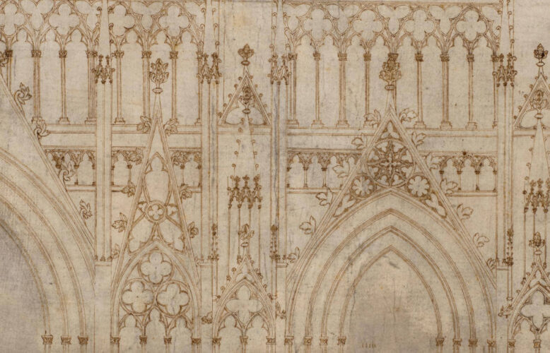 Erwin von Steinbach zg. († 1318), teilweise nach Meister Rudolf dem Älteren († 1276), Teilansicht der Fassade des Straßburger Doms (Zeichnung A’), Detail, um 1260–1270, Feder und braune Tinte auf Pergament (Fondation de l’Oeuvre Notre-Dame, in der Obhut des Musée de l’Oeuvre Notre-Dame, Straßburg, D.22.995.0.11 [OND 2])