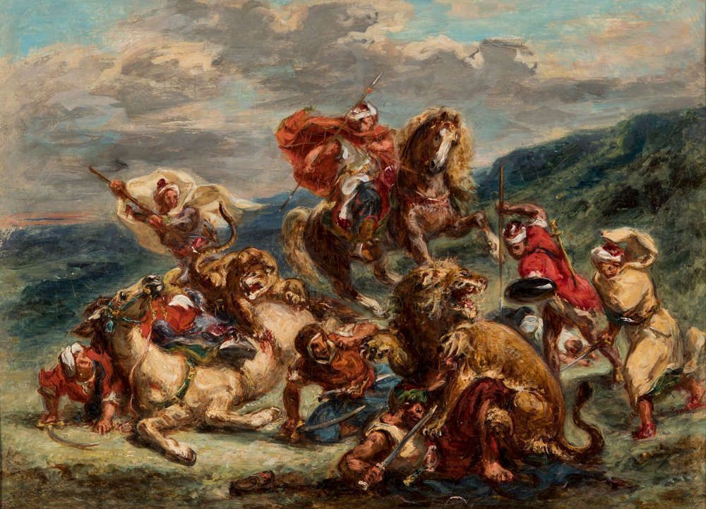 Eugène Delacroix (und Atelier [wohl Pierre Andrieu]), Löwenjagd [Chasse aux lions], um 1861, Öl/Lw, 34,5 x 47 cm (Kunstmuseum St. Gallen, Vermächtnis Emma Lina Hendel, 1999)