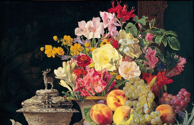 Ferdinand Georg Waldmüller, Stillleben mit Früchten, Blumen und silbernem Pokal, Detail © Belvedere, Wien