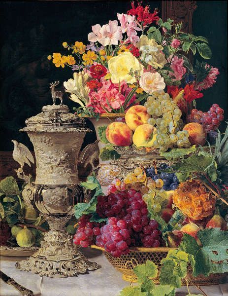 Ferdinand Georg Waldmüller, Stillleben mit Früchten, Blumen und silbernem Pokal © Belvedere, Wien