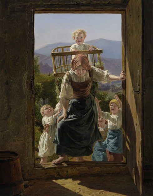 Ferdinand Georg Waldmüller, Heimkehrende Mutter mit Kindern, 1863, Öl auf Holz, 53 × 41,7 cm (Leopold Museum, Wien)