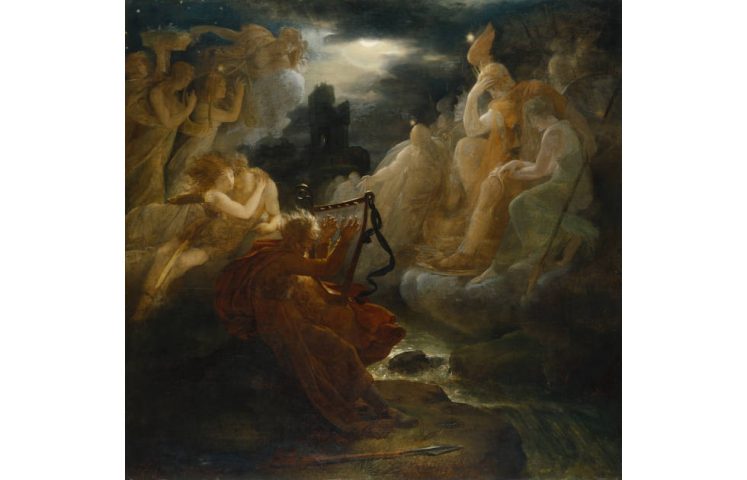 François Gérard, Ossian am Ufer der Lora beschwört die Geister beim Klang der Harfe, um 1811, Öl auf Leinwand, 211 × 221 cm (Hamburger Kunsthalle © Hamburger Kunsthalle / bpk Foto: Elke Walford)