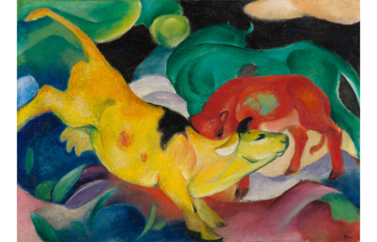 Franz Marc, Kühe, rot, grün, gelb, 1911, Öl auf Leinwand, 62 cm x 87,5 cm (Städtische Galerie im Lenbachhaus und Kunstbau München)