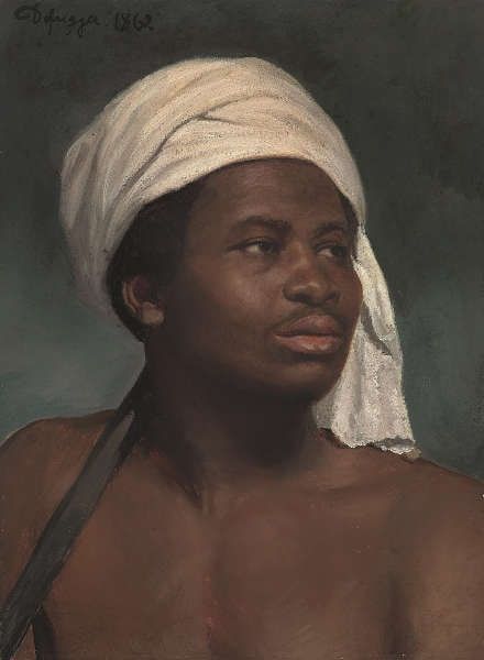 Franz von Defregger, Porträt eines Afrikaners mit weißem Kopftuch, 1862, Öl auf Papier, aufgezogen auf Karton, 53 x 39 cm (Privatbesitz, © Tiroler Landesmuseen)