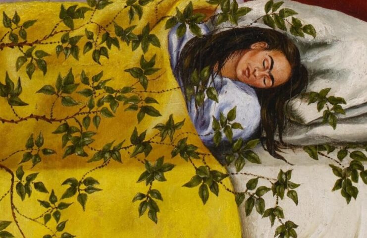 Frida Kahlo, El sueño (La cama) [Schlaf (Das Bett)], Frida Kahlo schlafend, 1940, Öl auf Leinwand, 74 x 98 cm, signiert Frida Kahlo und datiert unten rechts (Privatbesitz © Sothebys)