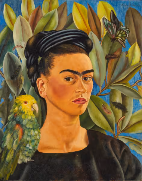 Frida Kahlo, Selbstbildnis (mit Bonito), 1941, Öl auf Hartfaser, 54,6 x 43,2 cm (Privatsammlung, Courtesy Thomas Ammann Fine Art AG, Zürich)