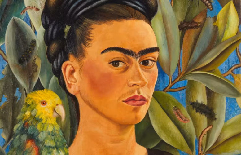 Frida Kahlo, Selbstbildnis (mit Bonito), Detail, 1941, Öl auf Hartfaser, 54,6 x 43,2 cm (Privatsammlung, Courtesy Thomas Ammann Fine Art AG, Zürich)