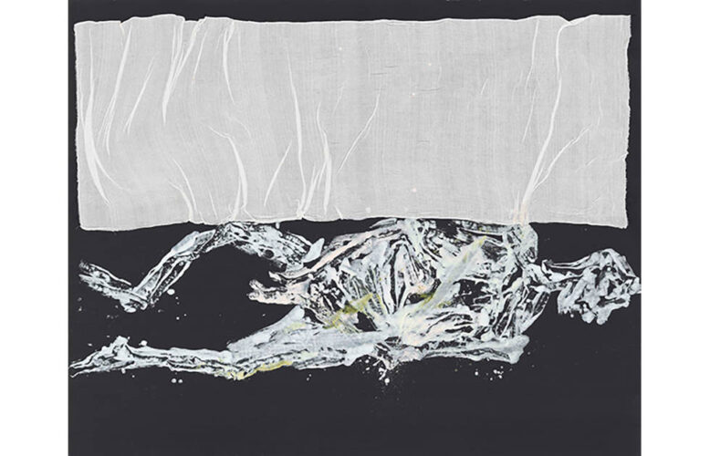 Georg Baselitz, Weißes Bett, weiß, 2022, Öl, Dispersionsklebstoff und Stoff auf Leinwand, 200 x 250 cm, Foto: Jochen Littkemann
