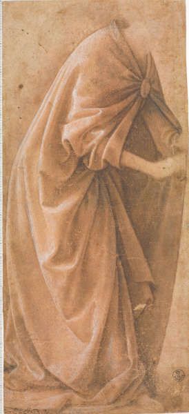 Domenico Ghirlandaio, Draperiestudie einer stehenden Figur, 1485–1490, braune Lavierung, rosa Papier, Höhung, Blatt 29 × 13.1 cm (Gabinetto Disegni e Stampe degli Uffizi, Florenz 315E SL.6.2017.14.8)