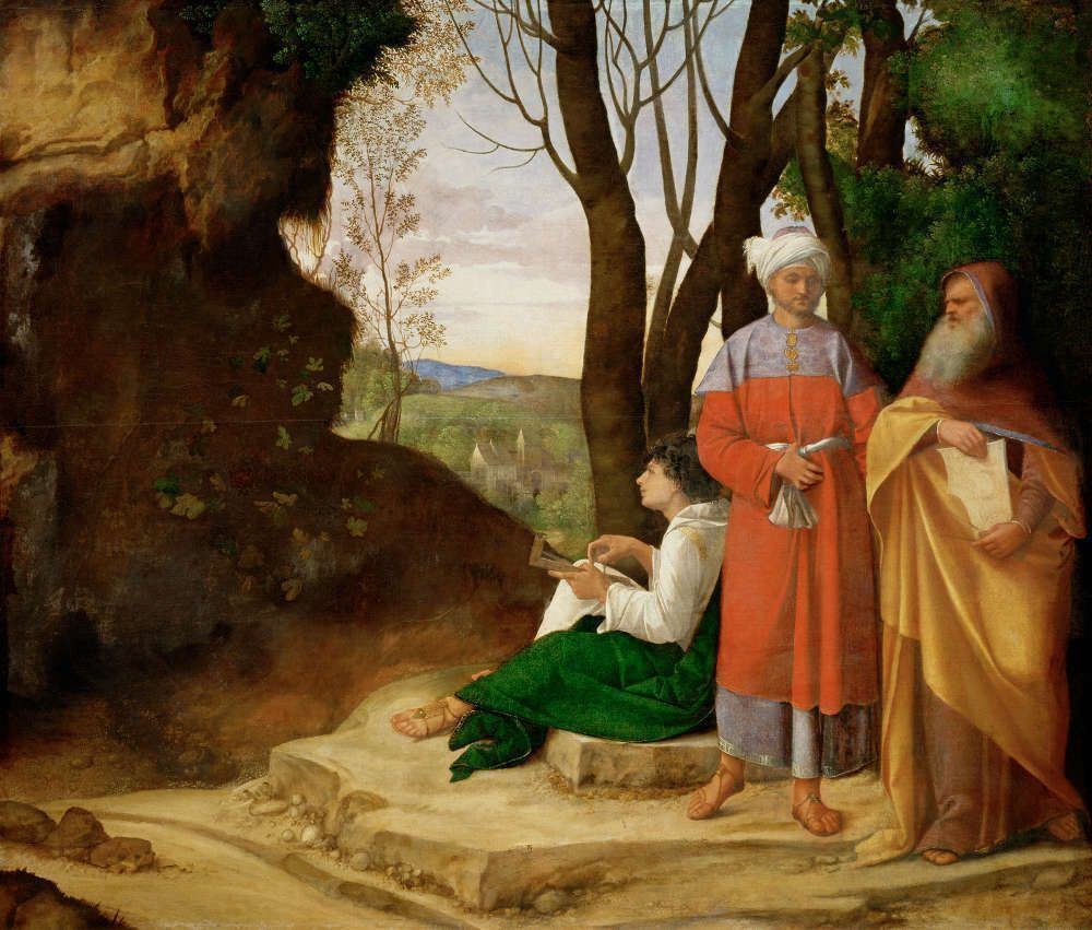 Giorgione (Sebastiano del Piombo vollendet?), Die drei Philosophen, 1508/9, Öl auf Holz,125,5 × 146,2 cm (Kunsthistorisches Museum, Wien)