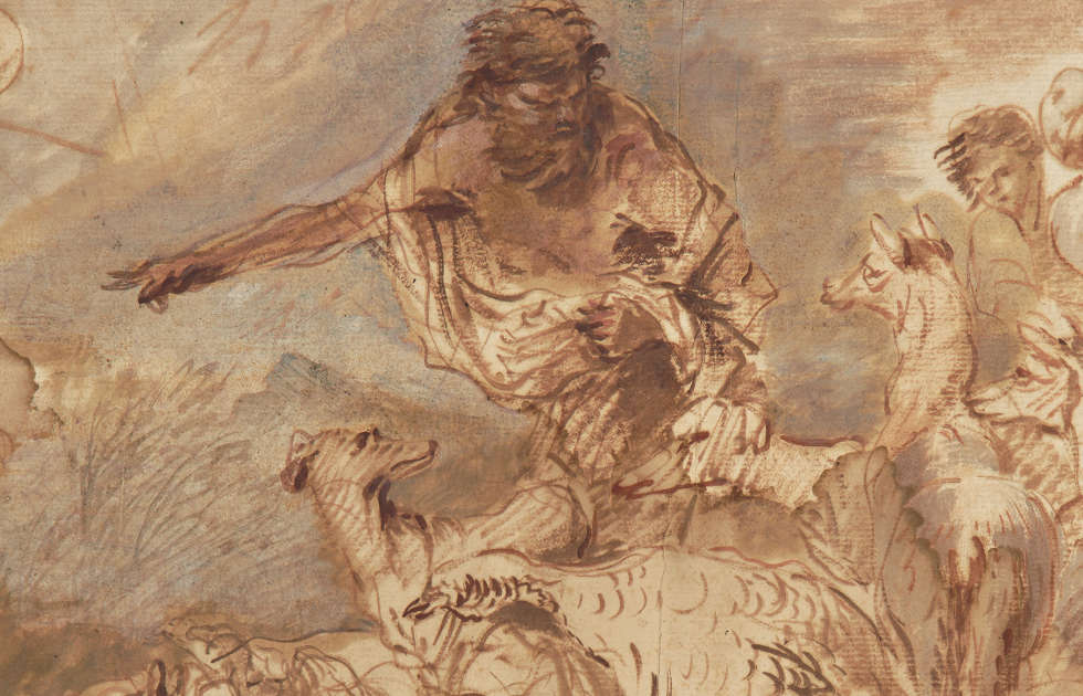 Giovanni Benedetto Castiglione, genannt Il Grechetto, Noah leitet die Tiere in die Arche, Detail, um 1660, Pinsel in Braun und Rotbraun, stellenweise Blaugrau, auf hellbeigem Papier, 32 x 45,4 cm (Kunsthaus Zürich, 1945)