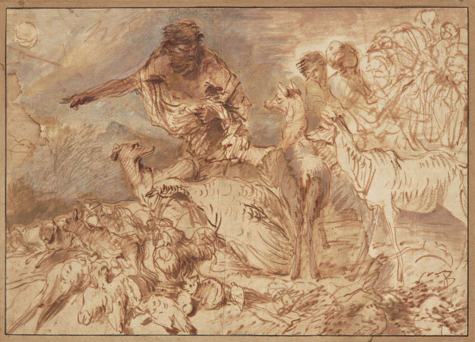 Giovanni Benedetto Castiglione, genannt Il Grechetto, Noah leitet die Tiere in die Arche, um 1660, Pinsel in Braun und Rotbraun, stellenweise Blaugrau, auf hellbeigem Papier, 32 x 45,4 cm (Kunsthaus Zürich, 1945)