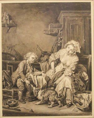 Jean-Baptiste Greuze, Das geteilte Mahl (Das verwöhnte Kind), um 1765, Pinsel in Schwarz, laviert, sign. re. u.: »J. B. Greuze«, 45 x 34 cm (Albertina, Wien, Inv. 12762; Foto: Alexandra Matzner, ARTinWORDS)