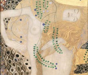 Gustav Klimt, Freundinnen (Wasserschlangen I), Detail, 1905/06, mit letzten Überarbeitungen 1907, Bleistift auf Pergament mit Aquarell- und Deckfarben, mit Silber- und Goldbronze und Goldauflagen gehöht, 50 × 20 cm (Belvedere, Wien, © Belvedere, Wien)