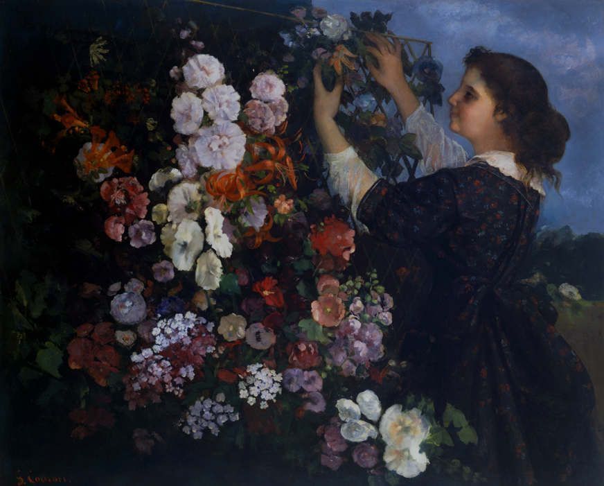 Gustave Courbet (1819-1877), Das Spalier, oder junge Frau arragiert Blumen / The Trellis, or Young Woman arranging Flowers, 1862, Öl auf Leinwand / Oil on canvas, 109.2 x 135.3 cm © The Toledo Museum of Art, Toledo, Ohio, Purchased with funds from the Libbey Endowment, Gift of Edward Drummond Libbey, 1950.309.