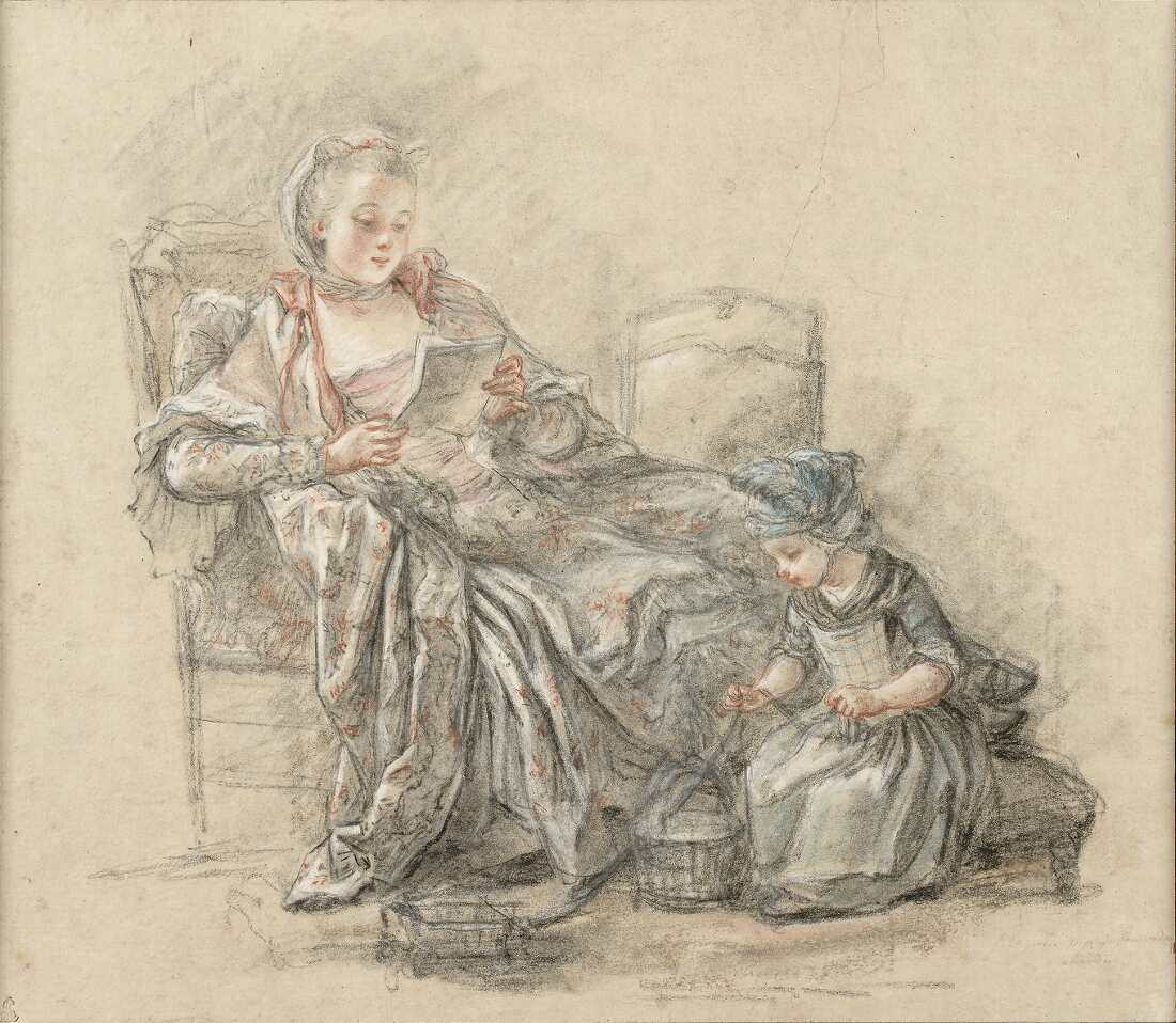 François Guérin, Lesende Dame mit einem spielenden Mädchen (vermutlich Marquise de Pompadour mit ihrer Tochter Alexandrine), um 1748 (Albertina, Wien)