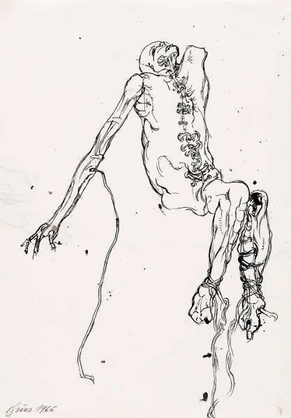 Günter Brus, Aktionsskizze, 1966, Tusche auf Papier, 29,6 × 20,8 cm (Privatsammlung, Foto N. Lackner/UMJ)