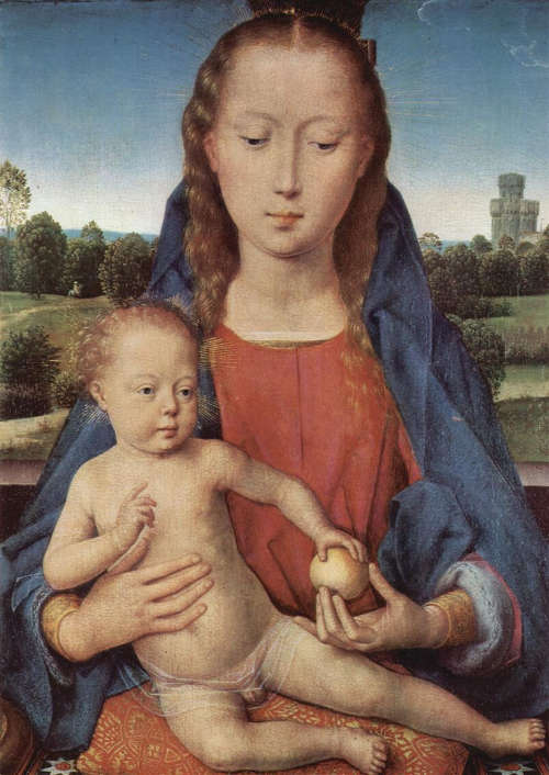 Hans Memling, Triptychon des Benedetto Portinari, Madonna (Mitteltafel), 1487 (Staatliche Museen, Berlin)