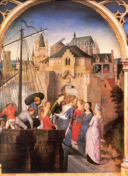 Hans Memling, Ursulaschrein: Ausschiffung in Köln, vor 1489, vergoldetes und bemaltes Holz, 87 x 33 x 91 cm (Johannesspital, Brügge)