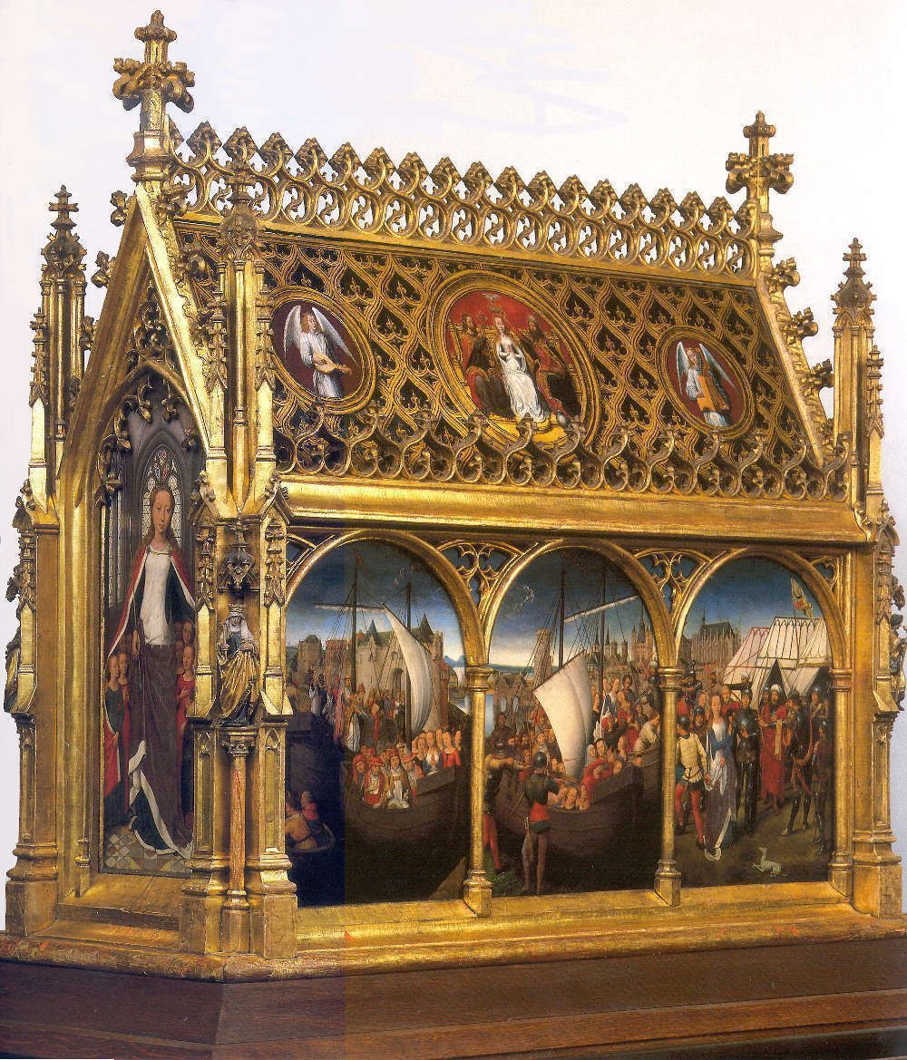 Hans Memling, Ursulaschrein: Hl. Ursula, vor 1489, vergoldetes und bemaltes Holz, 87 x 33 x 91 cm (Johannesspital, Brügge)