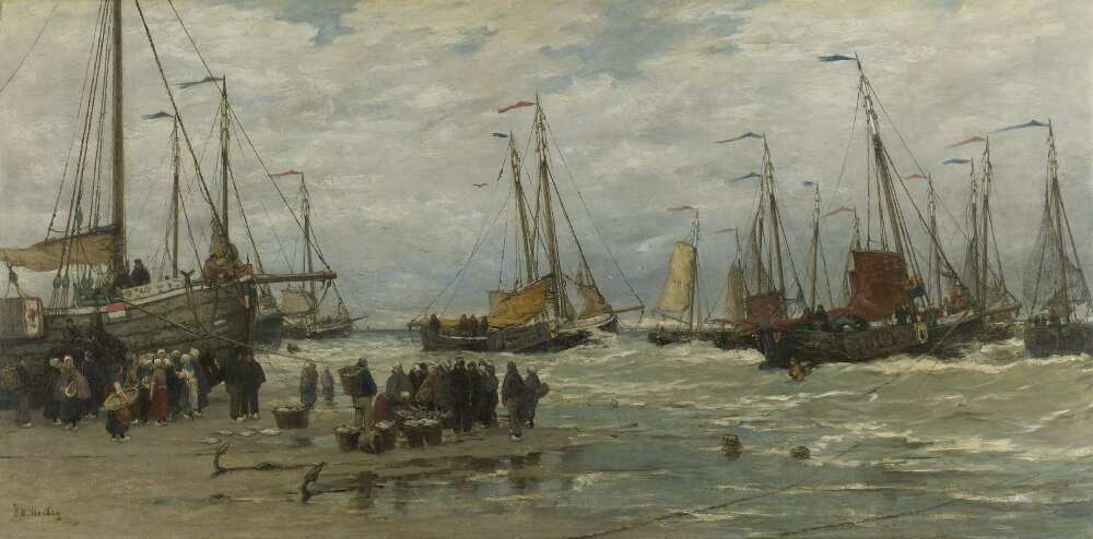 Hendrik Willem Mesdag, Fischerboote in brechenden Wellen, um 1875–um 1885, Öl auf Leinwand, 90 × 181 cm (Rijksmuseum, Amsterdam)