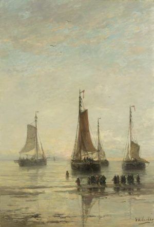 Hendrik Willem Mesdag, Scheveninger Boote mit breitem Bug ankernd, 1860–1889, Öl auf Leinwand, 115,5 × 80 cm (Rijksmuseum, Amsterdam)