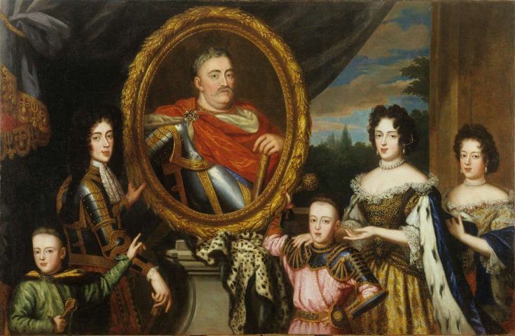 Henri Gascar (Paris 1634 oder 1635–1701 Rom), Porträt der Familie von Jan III. Sobieski, 1691, Öl auf Leinwand, 151 × 232 cm (Krakau, Königsschloss auf dem Wawel – Staatliche Kunstsammlungen)