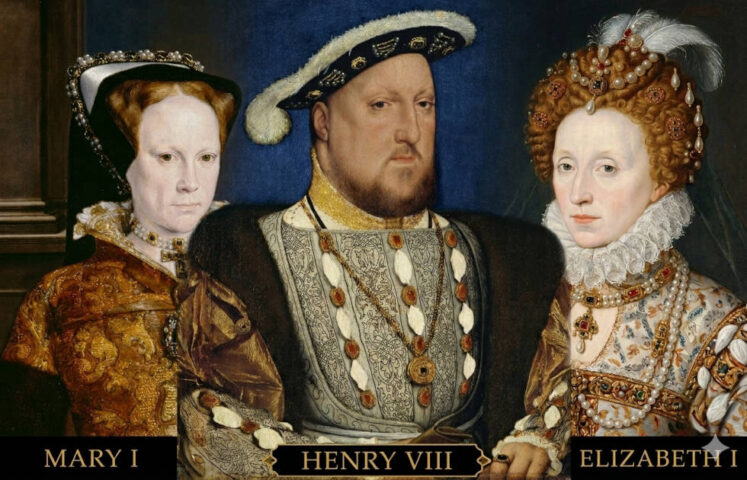 Hans Eworth, Mary I, 1554 (The Metropolitan Museum of Art, New York); Hans Holbein der Jüngere, Heinrich VIII, 1537 (Museo Thyssen-Bornemisza, Madrid); Marcus Gheeraerts der Jüngere, Königin Elisabeth I (The Rainbow Portrait), um 1600, KI-generiertes Bild