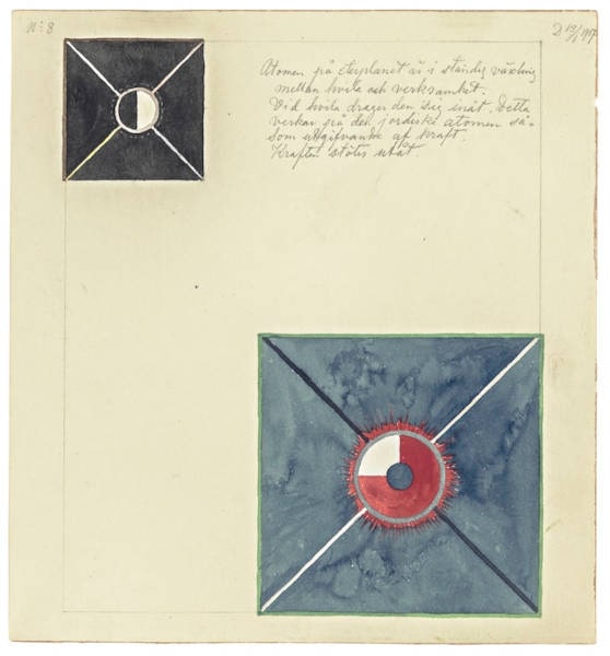 Hilma af Klint. Nr. 8 aus der Atom-Serie. 13. Januar 1917. Aquarell, Graphit und Metallicfarbe auf Papier, 27 × 25 cm. Hilma af Klint-Stiftung, Stockholm (HaK 360)
