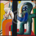 Horst Antes, Interieur, Figur mit Vogel, 1962–1964, Öl auf Leinwand, 120 x 120 cm (Sprengel Museum Hannover, Foto: Herling/Herling/Werner)
