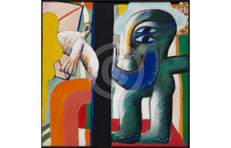 Horst Antes, Interieur, Figur mit Vogel, 1962–1964, Öl auf Leinwand, 120 x 120 cm (Sprengel Museum Hannover, Foto: Herling/Herling/Werner)