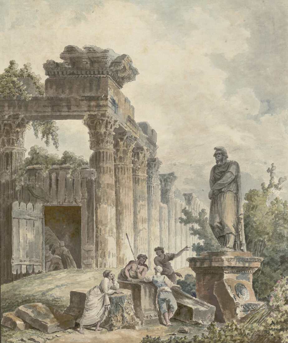 Hubert Robert, Tempelruine mit korinthischen Säulen und der Statue eines gefangenen Barbarenfürsten, um 1780 (Albertina, Wien)