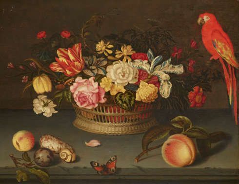 Hyronimus Sweerts, Blumenstillleben mit Papagei, 1626, Öl/Holz, 39,5 x 49,5 cm (Kunsthalle Bremen – Der Kunstverein in Bremen)