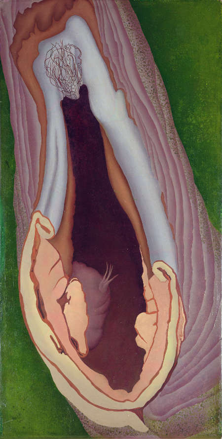 Ithell Colquhoun, Anatomie des Baumes, 1942, Öl/Holz, 57 x 29 cm (The Estate of the late Dr. Jeffrey Sherwin and the Sherwin Family, © Samaritans, Noise Abatement Society & Spire Healthcare)