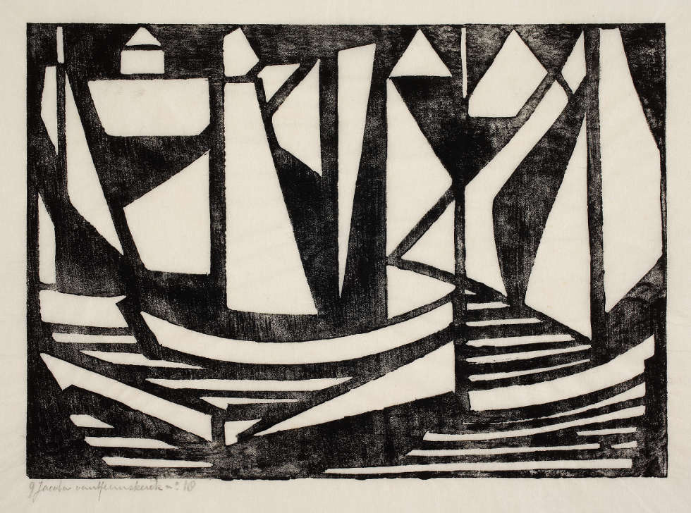 Jacoba van Heemskerck, Komposition no. 18, 1915, Holzschnitt auf Papier, 19,9 x 27,8 cm (Bild), 35,2 x 47,8 cm (Blatt) (Kunstmuseum Den Haag, Foto: Kunstmuseum Den Haag)