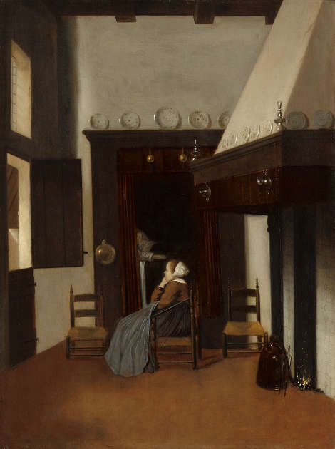 Jacobus Vrel, Junge Frau in einem Interieur, um 1660, Öl/Holz, 55.7 × 41.3 cm (National Gallery of Art, Washington, Geschenk von June de H. und Henry H. Weldon, Inv.-Nr. 2012.106.1)