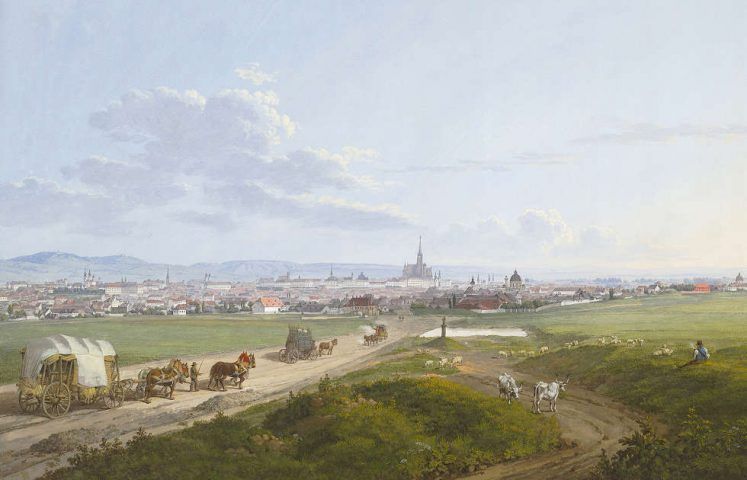 Jakob Alt, Blick auf Wien von der Spinnerin am Kreuz, Detail, 1817, Aquarell, Deckfarben (Albertina, Wien)