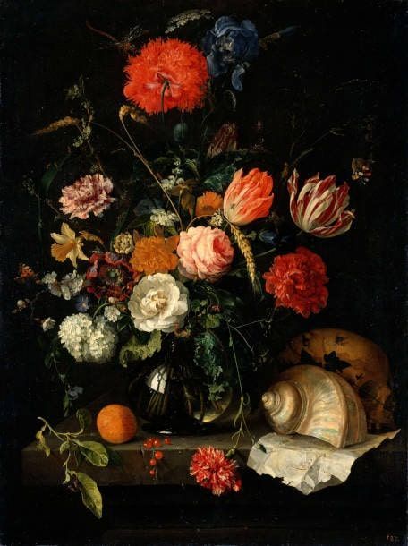 Jan Davidsz. de Heem, Memento mori. Ein Totenkopf neben einem Blumenstrauß, um 1655/60, Öl auf Leinwand; 87,5 x 65 cm (© Gemäldegalerie Alte Meister, Staatliche Kunstsammlungen Dresden, Foto: Estel/Klut)
