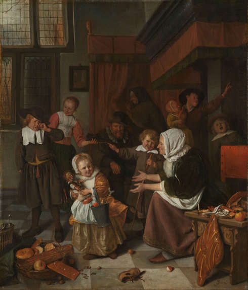 Jan Steen, Das Nikolausfest, 1665–1668, Öl/Lw, 82 × 70.5 cm (Rijksmuseum, Amsterdam)