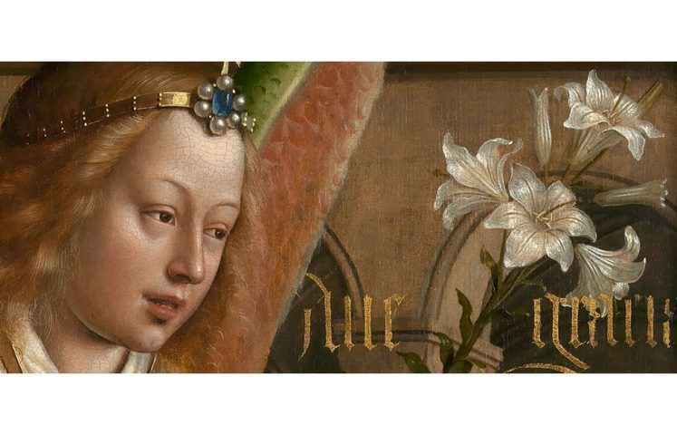 Jan van Eyck, Der Genter Altar, Außentafeln: Verkündigung, Verkündigungsengel, Detail, um 1430–1431 (©www.lukasweb.be - Art in Flanders vzw, foto Hugo Maertens)