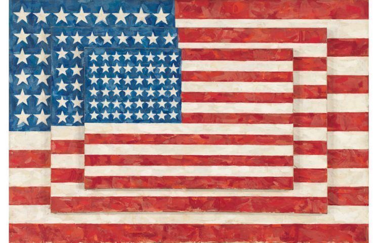 Jasper Johns, Three Flags, 1958, Enkaustik/Lw, 77.8 × 115.6 × 11.7 cm (Whitney Museum of American Art, New York; purchase with funds from the Gilman Foundation, Inc., The Lauder Foundation, A. Alfred Taubman, Laura-Lee Whittier Woods, Howard Lipman, and Ed Downe in honor of the Museum's 50th Anniversary 80.32. Art © Jasper Johns/Licensed by VAGA, New York, NY)