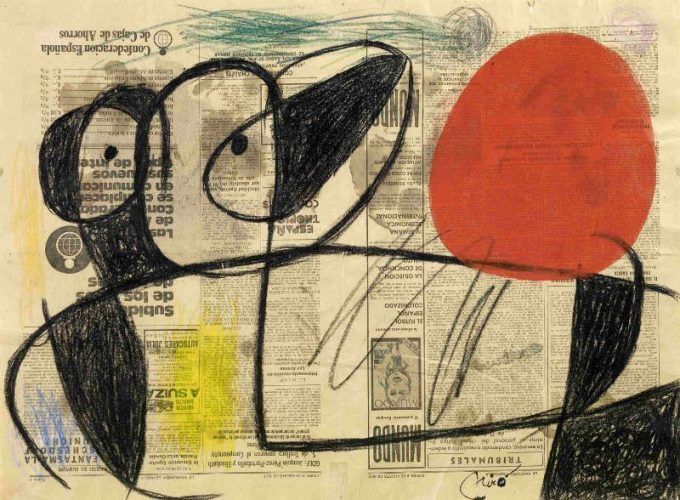 Joan Miró, Personnage devant le soleil [Figur vor der Sonne], 1975, Kohle, Pastellstift und Gouache auf Zeitungspapier, Collection Fondation Marguerite et Aimé Maeght, SaintPaul – France © Successió Miró / VG Bild-Kunst, Bonn 2017